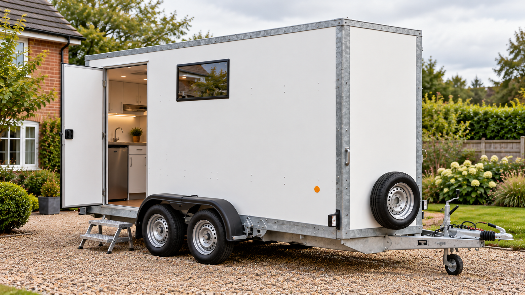 Kitchen Flex kitchen trailer open on a driveway